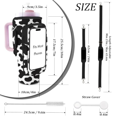 Water Bottle Carrier Bag for Stanley 40/30oz Cup Tumbler with Phone Pocket,Insulated Crossbody Water Bottle Holder with Adjustable Strap,Water Bottle Sling Pouch for Hiking Walking Camping Accessories - color: Cow Pattern
