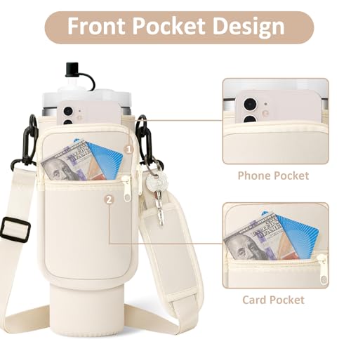 AceTreker Water Bottle Carrier Bag with Strap for Stanley 40/30 oz Tumbler Neoprene Insulated Cup Holder Sleeve with Phone Pocket & Straw Cover for Stanley Cup Accessories - color: 01-Cream, style: 30 Oz