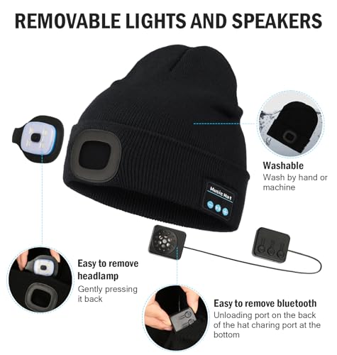 CENSGO Bluetooth Beanie with The Light, Unique Tech Gifts for Men Husband Him Teen, Wireless Headphones for Fishing Jogging Working, Christmas Stocking Dark Grey - color: Dark Grey