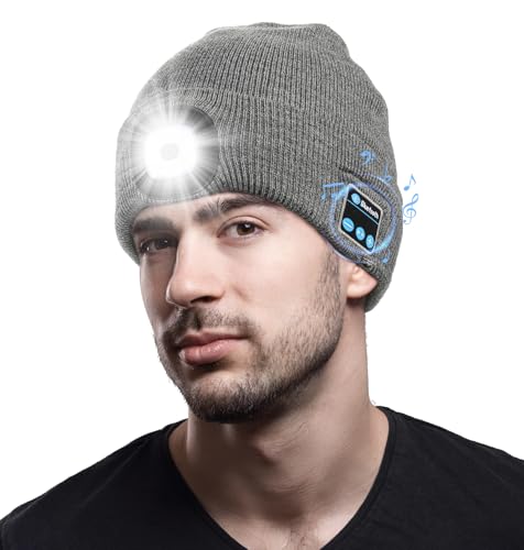 CENSGO Bluetooth Beanie with The Light, Unique Tech Gifts for Men Husband Him Teen, Wireless Headphones for Fishing Jogging Working, Christmas Stocking Grey - color: Grey