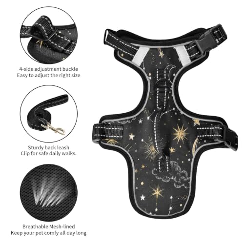 Yellow Stars and White Moon Dog/Cat Harness, Reflective No-Pull Pet Harness with 2 Leash Clips, Fully Adjustable Soft Padded Dog Vest, No-Choke Pet Oxford Vest - color: Yellow Stars And White Moon, size: S