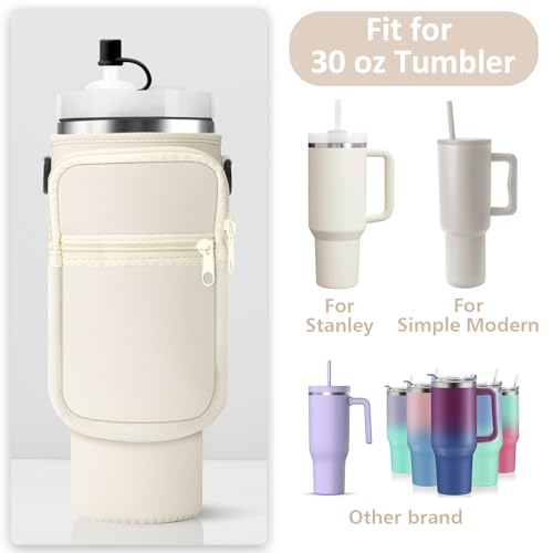 AceTreker Water Bottle Carrier Bag with Strap for Stanley 40/30 oz Tumbler Neoprene Insulated Cup Holder Sleeve with Phone Pocket & Straw Cover for Stanley Cup Accessories - color: 01-Cream, style: 30 Oz