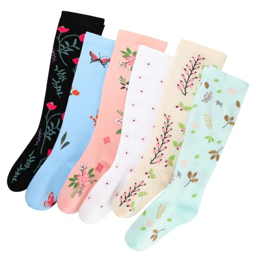 Jspupifip 6 Pairs Plus Size Compression Socks for Women, Wide Calf - color: Black White Pink Beige Blue Light Blue, size: 3X-Large