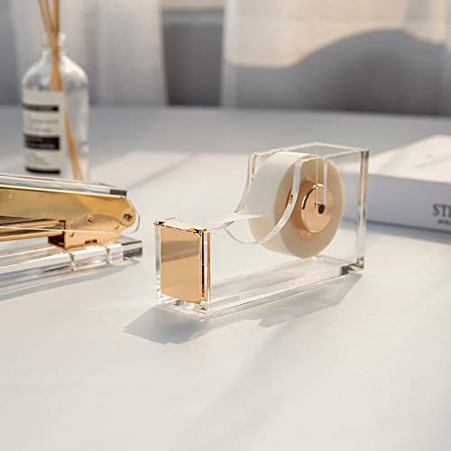 Contemporary Ultra Clear Acrylic Tape Dispenser Single Hand Dispensing for Modern Design Office Desktop (Gold) - color: Gold