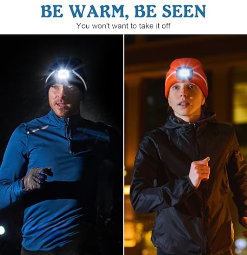 MELASA Reflective Stripe Beanie with the Light, Warm Hat with Light Outdoor - color: Grey