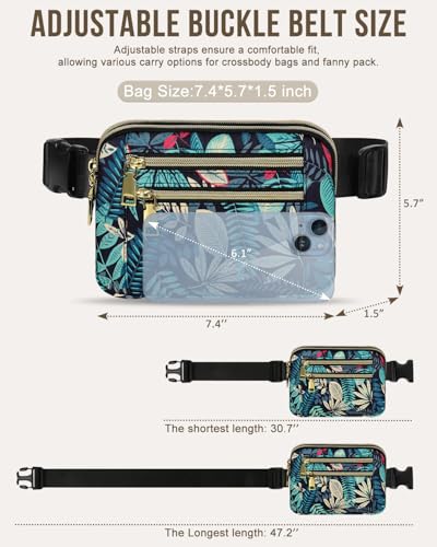 Capolo Fanny Packs for Women 4 Zip Pocket Crossbody Belt Bag Waist Bags - color: Blue Leaves, size: Medium