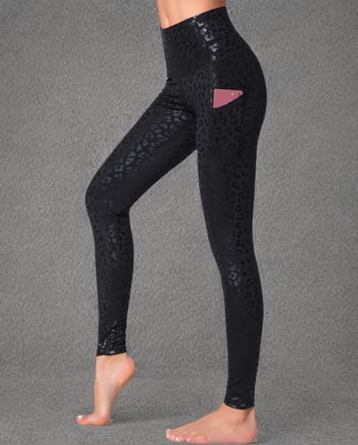 Dragon Fit Women's High Waisted Yoga Leggings 3 Pockets Workout Pants - color: Black Leopard, size: Medium