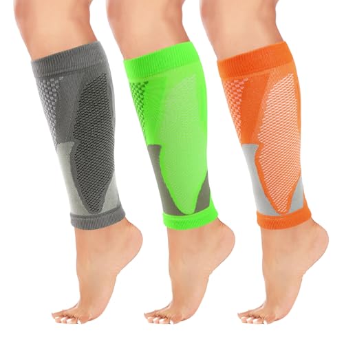 Junely 3 Pairs Calf Compression Sleeve for Men and Women - color: Orange Yellow Grey