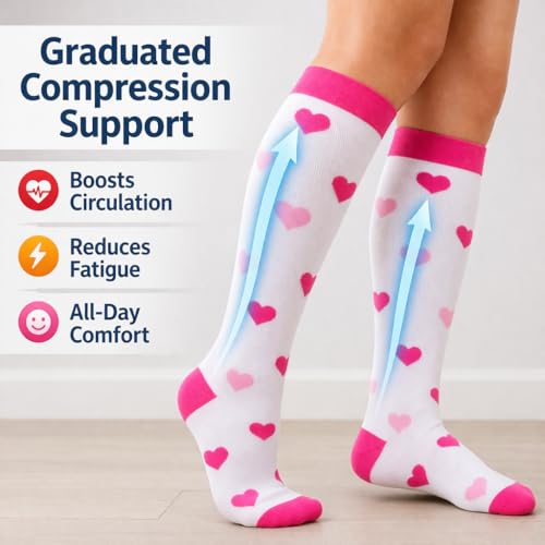 COUVER Unisex Graduated Athletic Compression Socks - color: Fuchsia Pink Heart, size: Large-X-Large