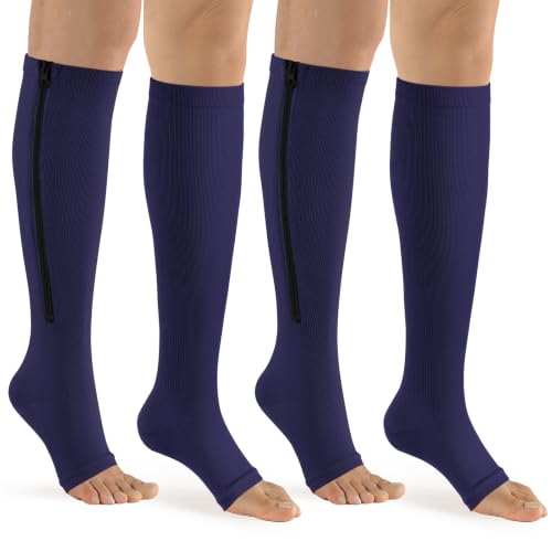 bropite Zipper Compression Socks Women & Men- 2Pairs Calf Knee High 15-20mmHg Open Toe Compression Stocking suit for Walking - color: D-blue-open, size: Large-x-large