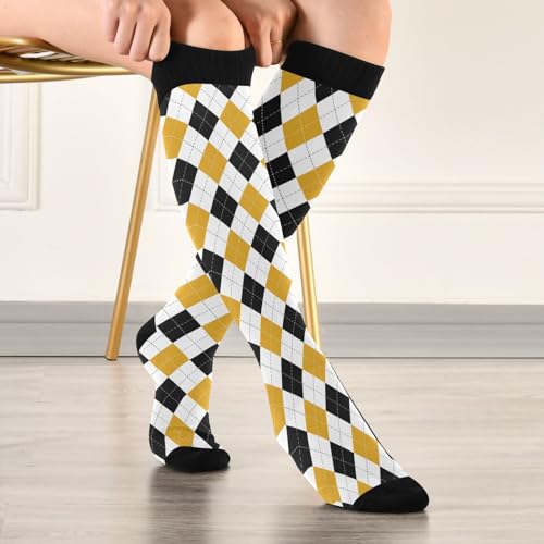JUNZAN Buffalo Plaid Red Black Knee High Socks Compression Socks for Women Men Kid for Running Sports Nurse - color: Argyle Plaid Black Yellow