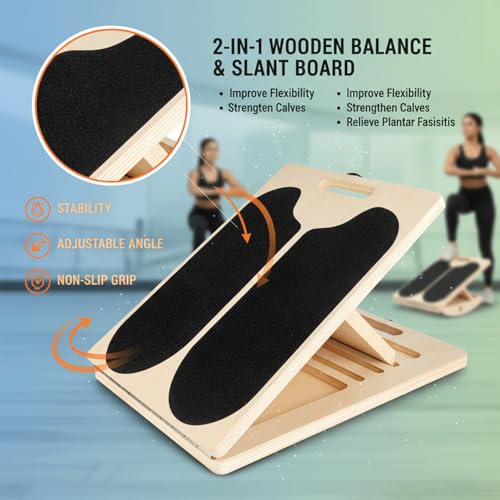 Portable Wooden Slant Board for Calf Stretching with Resistance Bands 400 lbs Cap,Balance Board Anti-Slip Incline Board, Ankle Support, Include Instruction Card & Sand Paper.