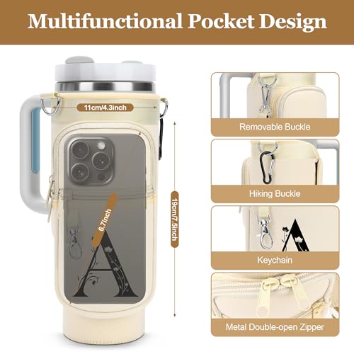Initial Water Bottle Holder with Strap for Stanley Cup 40 oz Tumbler - color: White, style: M