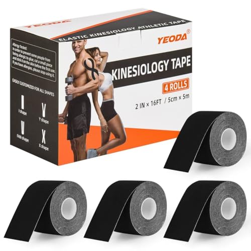 Kinesiology Tape 4 Rolls, Original Cotton Elastic Premium Athletic Tape,16.4 ft Uncut Tape,Hypoallergenic and Waterproof for Muscle Pain Relief and Joint Support - color: Black