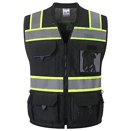 JKSafety Hi-Vis Unisex Surveyor Safety Vest Heavy Duty PPE Inner Pockets ANSI/ISEA Compliant - color: 188-black, size: 4X-Large