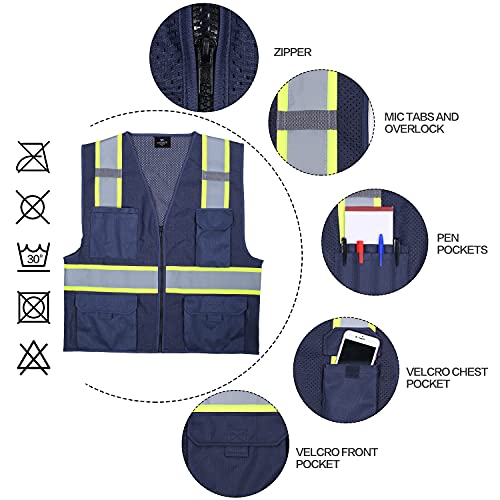 VENDACE Hi Vis Safety Reflective Mesh Vest for Men ANSI Class 2 High Visibility Vest with 8 Pockets and Zipper - color: Blue, size: Medium