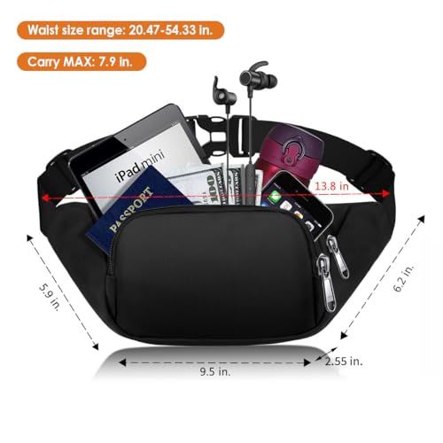 Large Fanny Pack for Women Men - Syican Waist bag with 3-Zipper Pockets - color: Black