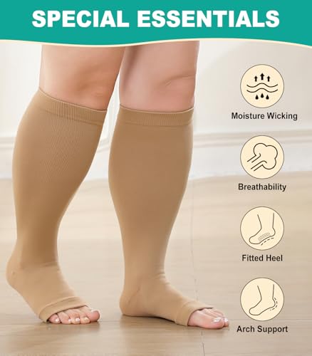 Plus Size Compression Socks: 2 Pairs Wide Calf Compression Toeless Stockings for Men Women - Open Toe 20-30 mmHg - color: Beige-2 Pairs, size: Large-X-Large
