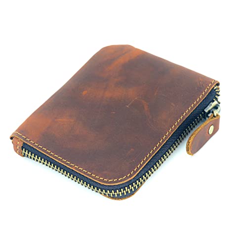 JJNUSA Genuine Leather Zipper Coin Purse Wallet With Key Car Smart Holder, Change Purse, Coin Pouch Holder For Men (Brown) - color: Brown