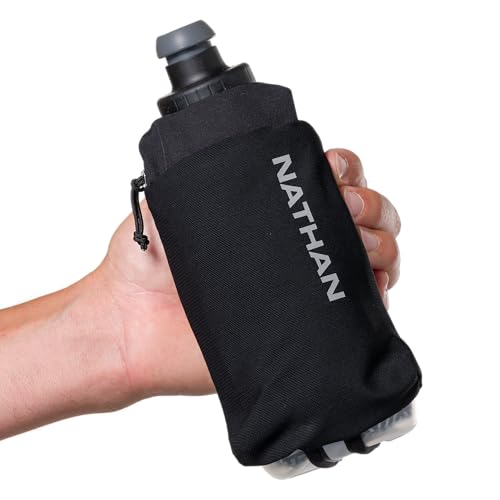 Nathan SpeedDraw 2 Insulated Handheld Running Water Bottle Flask – Double-Wall Insulation, Ergonomic Grip, Blast Valve Cap, Phone & Key Storage Pockets, Reflective Design - 12oz Insulated - Black - color: 12oz Insulated - Black