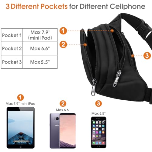 Large Fanny Pack for Women Men - Syican Waist bag with 3-Zipper Pockets - color: Black