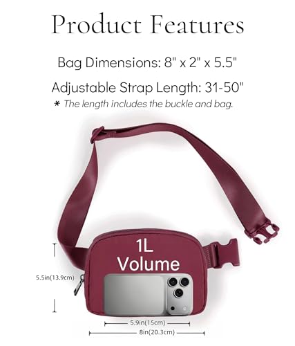 YOSHUYUKI Waist Belt Bag for Women Lulu Dupes Mini Small Crossbody Purse Sling Bag Cute Fashion Waterproof Fanny Pack Over The Shoulder Bags Fashionable Travel Running Belt Pouch Bum Bag Red Merlot - color: Red Merlot
