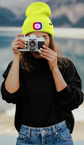 ATNKE LED Lighted Beanie Hat,USB Rechargeable 4 LED Red and Blue Flashing Running Headlamp Cap Gifts for Men and Women - color: #Fluorescent Yellow