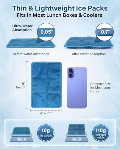 4pcs Slim Ice Packs for Lunch Boxes, Lunch Bags & Coolers, Reusable Non-Toxic Gel Freezer Packs, BPA-Free, Leakproof, Food Safe, Long Lasting Ice Packs for Picnic, School, Sports & Camping.