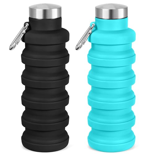 Collapsible Water Bottles, 16oz Foldable Silicone Travel Water Bottle with Carabiner, Wide Mouth, Leak-Proof, BPA-Free for Hiking, Camping, Travel - Black+Blue - color: Black+Blue, size: 16 Ounces