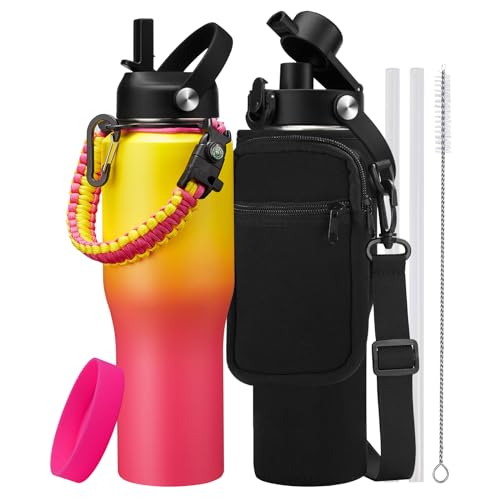 32 oz Travel Coffee Mug & Water Bottle Fits Car Cup Holder Straw Spout Lids - color: Yellow Pink, size: 32 Ounces