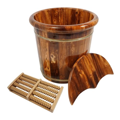 Wooden Foot Bath Bucket Foot Soaking Bath Basin with Lid Wood Footbath Barrel with Massage Beads Plate Pedicure Barrel for Spa, Massage, Sauna 15.75 * 15.75in (Brown) - color: Brown