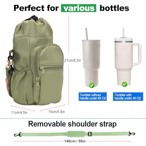 Wongeto Water Bottle Holder with Strap,25oz/40oz/64oz Water Bottle Carrier Sling Bag with Phone Pocket Crossbody Adjustable Shoulder with Hand Strap for Walking - color: Green
