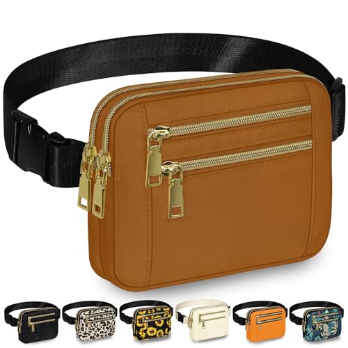 Capolo Fanny Packs for Women 4 Zip Pocket Crossbody Belt Bag Waist Bags - color: Brown, size: Medium