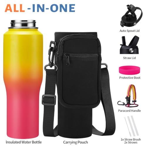 32 oz Travel Coffee Mug & Water Bottle Fits Car Cup Holder Straw Spout Lids - color: Yellow Pink, size: 32 Ounces