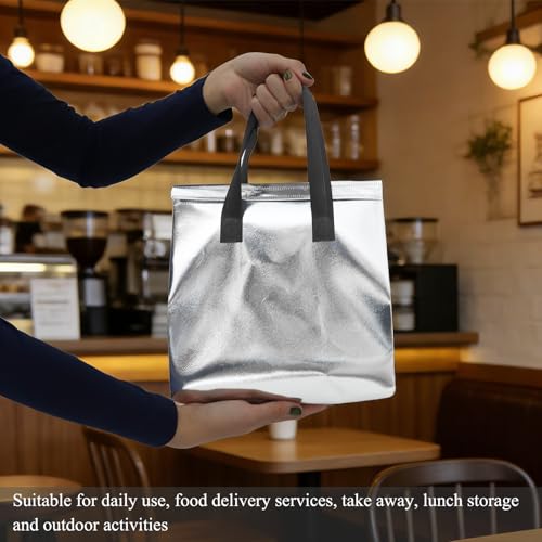 12Pcs Insulated Lunch Bag Disposable Cooler Bag Thermal Grocery Take Away Bags for Food Delivery Party Drink Picnic Holiday, Silver - color: Silver, size: 9.45"(H) x 9.45"(L) x 5.91"(W)
