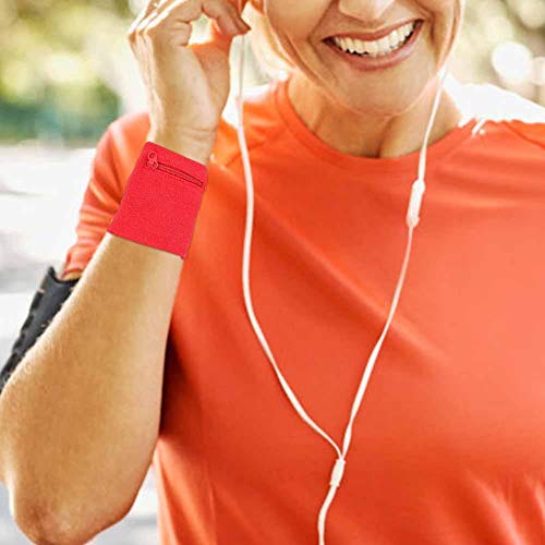 Zipper Wrist Pouch, Cotton Running Armband with Secure Pocket for Keys Cash Phone Fitness Tracker for Jogging Workout Sports (Red)