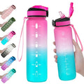 EYQ 32oz Water Bottle with Straw, Sports Bottle with Time Marker - color: 2.Fuschia/Green Gradient
