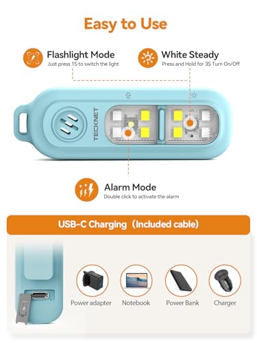 TECKNET Clip-On Personal Alarm with LED Light, USB-C Rechargeable, Blue - color: Blue