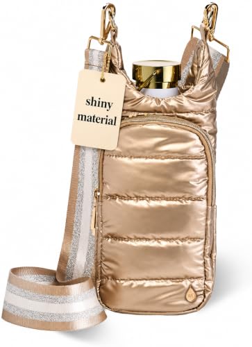 WanderFull Original HydroBag Crossbody Water Bottle Holder with Phone Pocket, Fits Water Bottles up to 32 oz - color: Gold Shiny - Striped Strap
