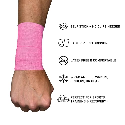 Self Stick Athletic Tape – 2” x 6.5 Yards – Latex-Free, Easy Rip Sports Wrap for Football, Baseball, Soccer, Wrist, Ankle, Finger & Injury Support (Pink) - color: Pink