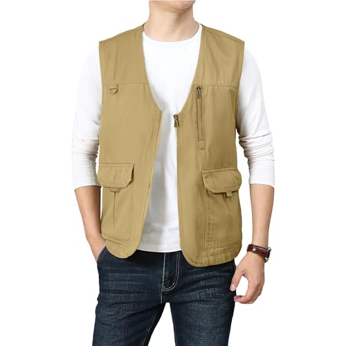 PRIJOUHE Mens Casual Cotton Vest Lightweight Outdoor Fishing Utility Vest - color: 04-khaki, size: X-Large