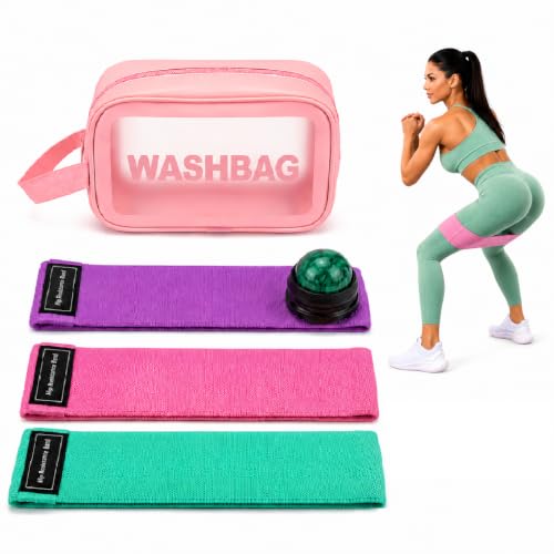 Fabric Resistance Bands for Working Out Women - Set of 3 with Massage Roller Ball & Waterproof Gym Bag - Anti-Slip Glute, Hip & Leg Workout Bands - color: Purple, Pink, Green