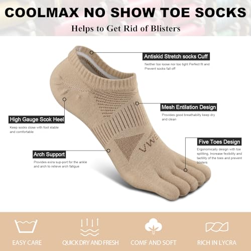 VWELL No Show Toe Socks for Men Women COOLMAX Five Finger Socks Athletic Running Ankle Low Cut 5 Toe Socks (3Pairs) - color: Light Brown, size: Medium