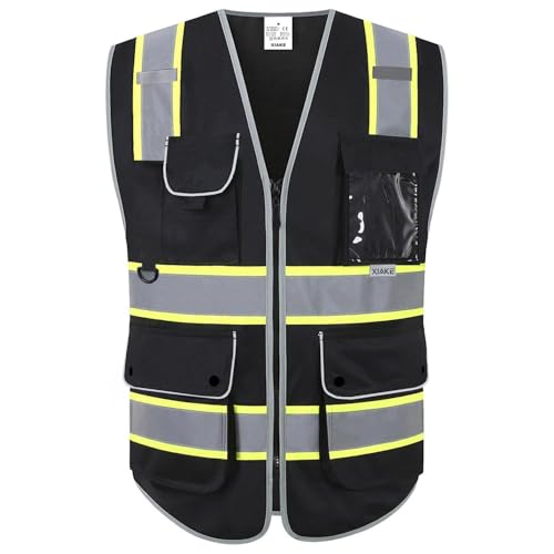 XIAKE Reflective Safety Vest for Men & Women High Visibility Class 2 Vest with Pockets Meets ANSI Standards - color: Black Yellow Trim, size: Large
