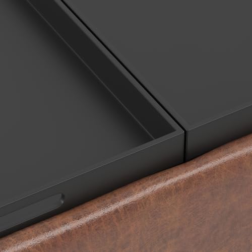 SIMPLIHOME Owen 34" Wide Vegan Leather Tray Top Ottoman in Saddle Brown - color: Distressed Saddle Brown