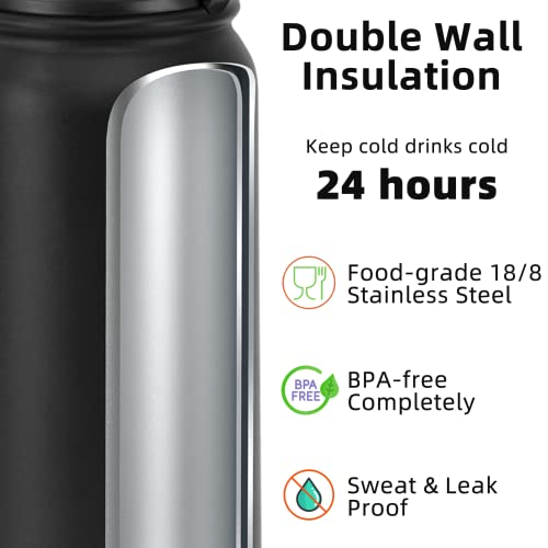 Fanhaw 40oz Stainless Steel Water Bottle with Chug Lid, Black - color: Black, style: 40 Ounces