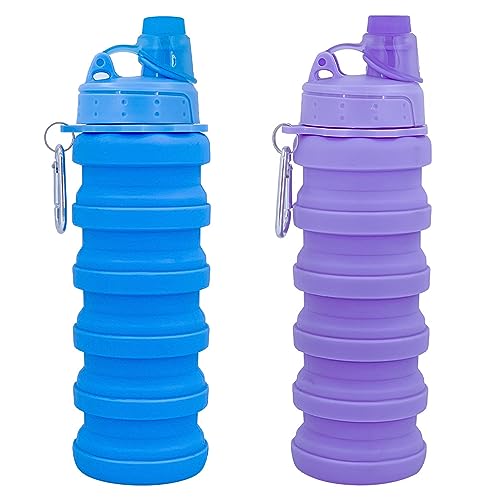 Collapsible Water Bottles Travel water bottle Sports Portable Sport Water Bottle Reusable Water Bottles comes with mountaineering Buckle 500ml silicone Water-proof camping water bottle - color: Blue+Purple, style: 2 pack
