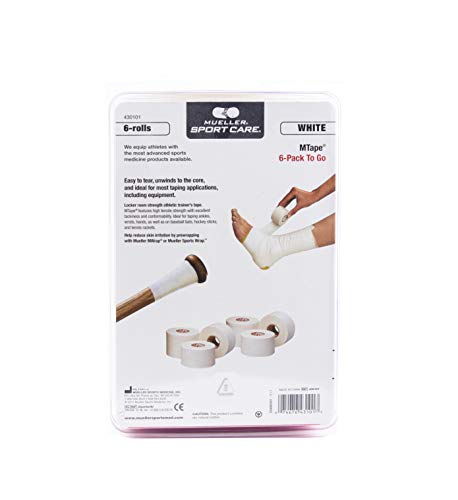 Mueller Sports Medicine MTape Rolls to Go, Quality Athletic Tape, Easy to Tear for Fast & Effective Taping, 1.5" x 10 Yards Per Roll, 6 Rolls - color: White