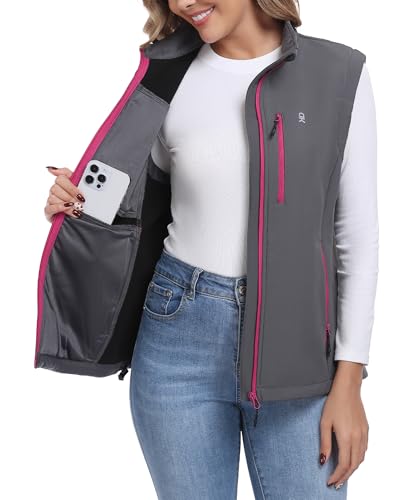 Little Donkey Andy Women's Fleece Softshell Vest Windproof Multi Pockets - color: Grey, size: Medium