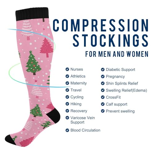 Snowflake Red Christmas Compression Sock for Women Men Funny Support Knee High Socks Running,Nurses,Travel - color: Christmas Trees Pink Polka